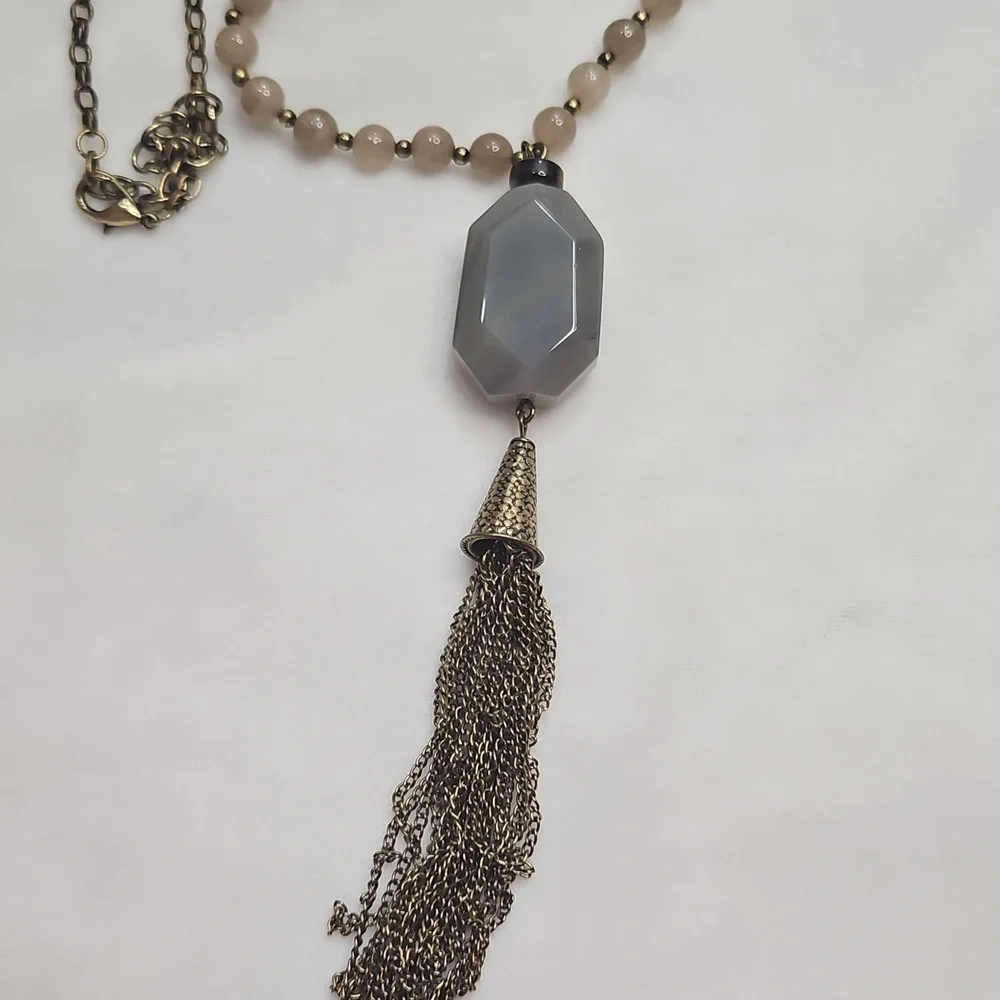 Women's Long Natural Gemstone Tiger's Eye Agate Chain Tassel Necklace NWOT